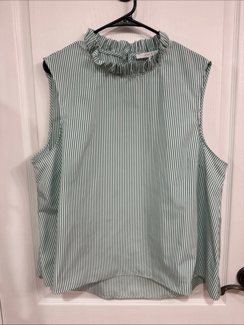 Preston & York Mint Green and White Striped Ruffle Neck Sleeveless Top